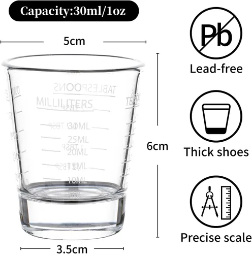 Miniatura 4 de BCnmviku -Vasos corto, taza medidora, taza de espresso, Líquido, vidrio pesado, vaso de vino 2 juegos de 26, para medición gradual 1 onza, 6 Blanco
