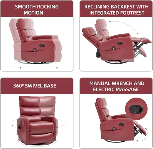 Miniatura 5 de PELUMY Sillón reclinable y mecedora giratoria de 360° con calor y masaje vibratorio, silla balancín para adultos, sillón reclinable compacto