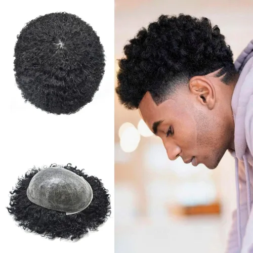 Miniatura 9 de Afro Toupee Para Hombres Negros Unidad De Cabello Humano Para Hombres Negros Pieza De Pelo PU Ingección Afro Mens Toupee 10MM #1B Off Negro