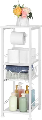 Miniatura 9 de OYEAL Armario de almacenamiento de papel higiénico negro pequeño estante lateral de baño con cajón estrecho gabinete de almacenamiento de toallas