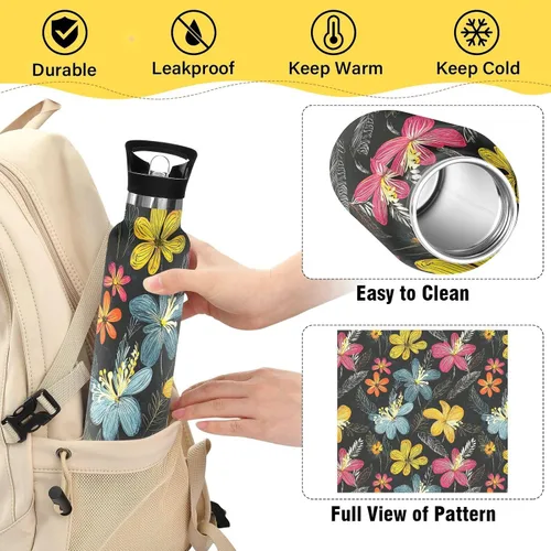 Miniatura 4 de Insulated Water Bottle with Straw Colorful Flowers Double Wall Vacuum Insulated Lightweight for Sport Gym Outdoor Travel School
