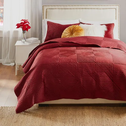 Miniatura 6 de Greenland Home Fashions Juego de edredón de terciopelo finamente cosido, 2 piezas, individual, rojo Riviera