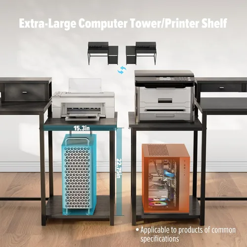 Miniatura 5 de SINPAID Escritorio para computadora de 47 pulgadas con estante para impresora, escritorio de juegos con soporte para monitor y cajones, escritorio