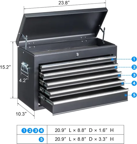 Miniatura 2 de Caja de herramientas de metal, caja de herramientas con 5 cajones y bandeja de almacenamiento superior con cerradura de seguridad y asa, gabinete