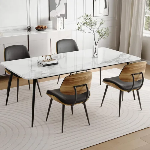 Miniatura 11 de Juego de 2 sillas de comedor modernas de mediados de siglo, sillas de cocina sin brazos de piel sintética con respaldo de madera curvada de nogal