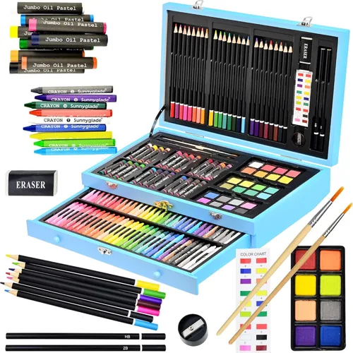 Sunnyglade Juego de Arte Deluxe de 145 Piezas, Caja de Arte de Madera y Kit de Dibujo con Crayones, Pasteles al Óleo, Lápices de Colores, Pastillas