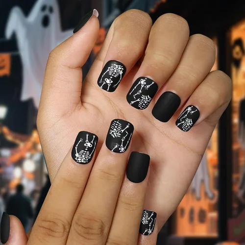 Miniatura 4 de Artquee Uñas postizas a presión de Halloween, paquete de 4 96 piezas, puntas postizas ovaladas cuadradas cortas con diseños de fantasma, llama