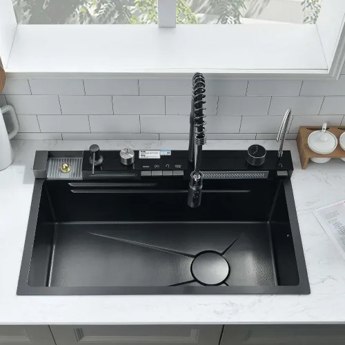 Miniatura 4 de Fregadero de cocina de cascada negro de 30 pulgadas con grifo extraíble, fregadero de cascada de 30 x 18 pulgadas, pantalla digital negra