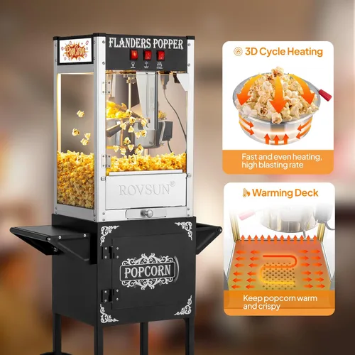 Miniatura 2 de Bonnlo Máquina de palomitas de maíz estilo cine con carrito y ruedas, máquina de palomitas de maíz de 8 onzas con cuchara de palomitas de maíz, Negro