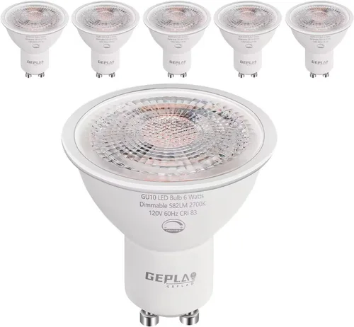 GEPLAD Paquete de 6 bombillas LED GU10 regulables 6W 582LM, reemplazo de halógeno de 50W, foco de 38 grados 2700K blanco cálido para cocina, campana