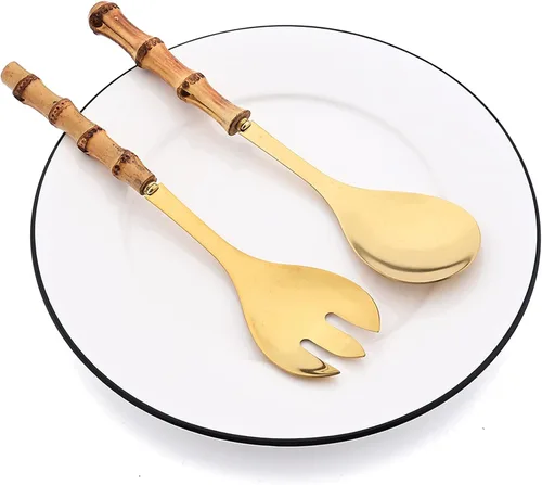 Miniatura 3 de Juego de 4 utensilios para servir con mango de bambú, cuchara larga de acero inoxidable 304, tenedor para cocina, bufé, restaurante, boda, fiesta