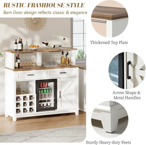 Miniatura 8 de LUXOAK Gabinete de Bar de Café Estilo Granja con Refrigerador Enfriador de Bebidas, Gabinete Rústico de Bar de Vino de 47" con Mini Refrigerador