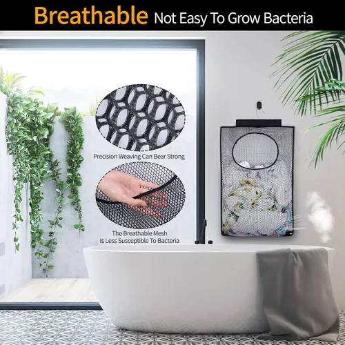 Miniatura 5 de Cesta de lavandería de malla transpirable, ganchos plegables para colgar en la ducha, bolsa de almacenamiento portátil de secado rápido, para Negro