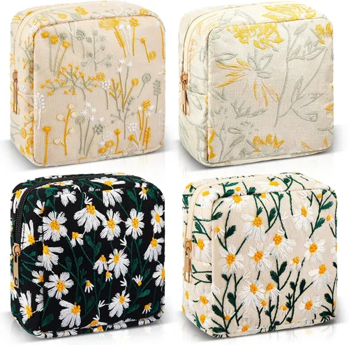 Miniatura 7 de Abbylike 4 piezas de bolsa de maquillaje floral con cierre, bolsa de cosméticos con cierre portátil, pequeñas bolsas para bolso, mini bolsa de aseo