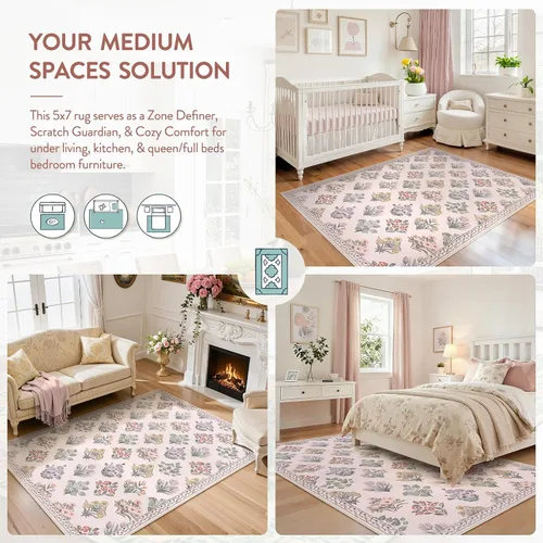 Miniatura 5 de Wonnitar Alfombras rosas para dormitorio, niñas, guardería, alfombra lavable con estampado floral de 5 x 7 pies, bohemio, ultrafina, antideslizante