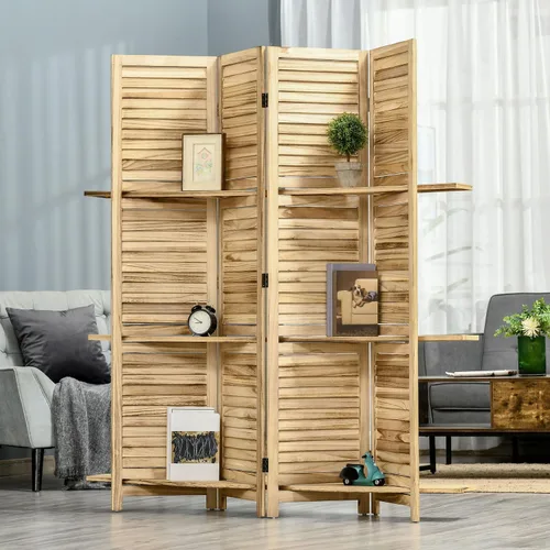 Miniatura 14 de Divisor de habitación plegable de 4 paneles, panel de privacidad de madera de Paulownia independiente de 5.6 pies con estantes de almacenamiento