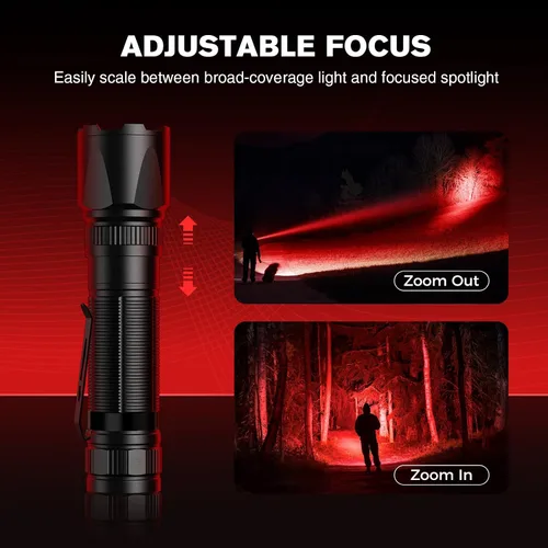 Miniatura 3 de Linterna de luz roja RECHOO, linternas recargables de LED rojo de 3 modos de alta potencia con clip y cordón, linternas rojas zoomables y portátiles