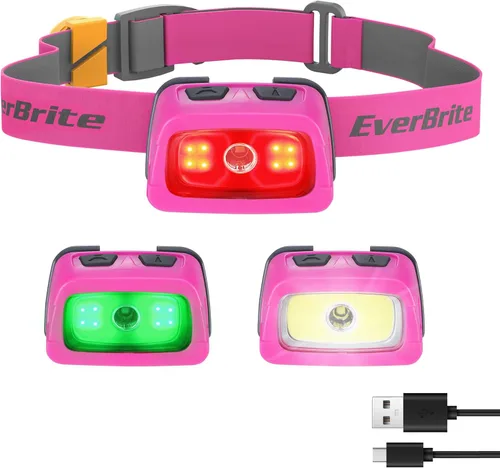 EverBrite Linterna frontal recargable, Linterna frontal de 350 lúmenes con luz roja y función de memoria, Linterna frontal de 7 modos para correr,