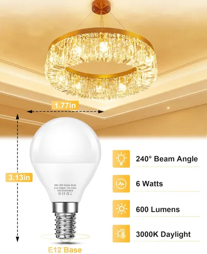 Miniatura 2 de EvaStary Bombilla para ventilador de techo E12 base candelabro, 3000K blanco cálido equivalente a 60 W, bombillas LED de candelabro E12, 6 W 600 lm