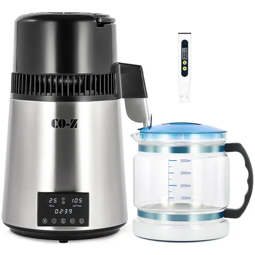 CO-Z Destilador de agua de 1.1 galones, máquina de agua destilada de 1750W de sobremesa con contenedor de vidrio, pantalla de temperatura dual,