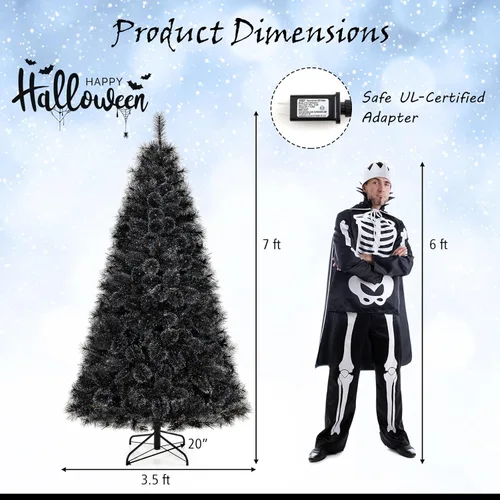Miniatura 7 de Goplus - Árbol de Navidad artificial negro de 7 pies con luces preinstaladas, árbol de Halloween artificial, árbol de Navidad completo con bisagras