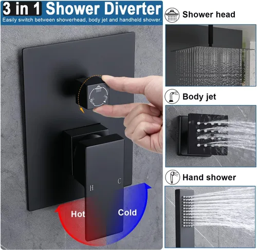 Miniatura 2 de Enga Sistema de ducha de lluvia negro mate con 4 chorros corporales, ducha de lluvia de 12 pulgadas montada en pared, sistema de cabezal de ducha