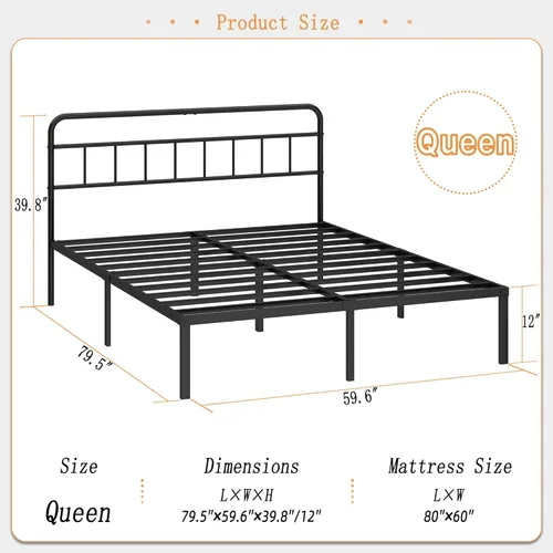 Miniatura 2 de Kujielan Marco de cama tamaño Queen de 12 pulgadas con cabecera minimalista, base de plataforma de metal con listones de metal fuertes, base