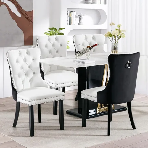 Miniatura 2 de SoarFlash Juego de 4 sillas de comedor de cuero, sillas laterales con respaldo alto, silla lateral tapizada moderna con anillo trasero de botón