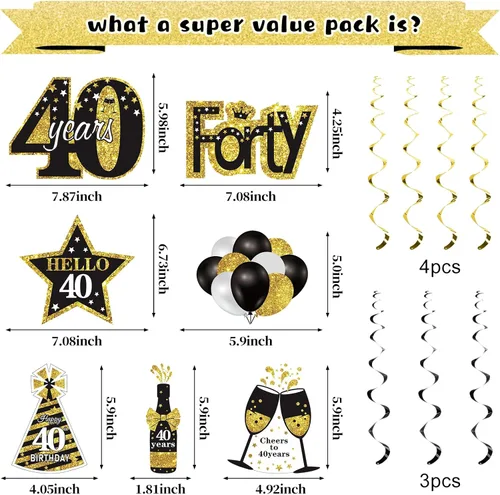 Miniatura 4 de Kit de 32 piezas de decoración de cumpleaños 40 para hombres y mujeres, pancarta de feliz cumpleaños número 40, globos colgantes de remolinos