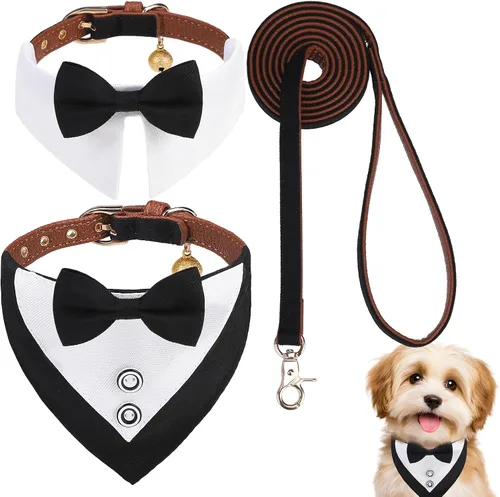 Miniatura 33 de EXPAWLORER Juego de collar y correa para perro - Corbata de moño clásica a cuadros para perro y collar bandana para perro con campana, correa