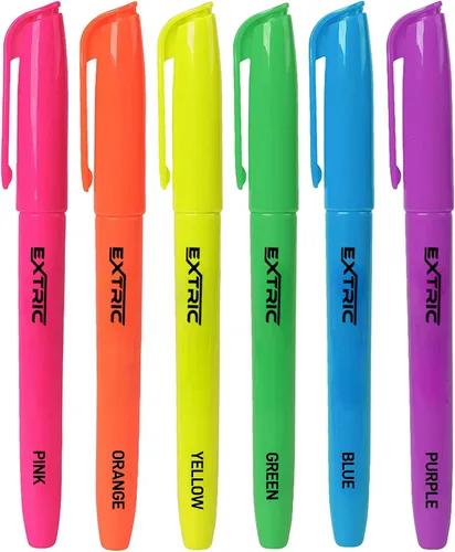 EXTRIC Paquete de 6 resaltadores, colores surtidos fluorescentes, secado rápido, marcador resaltador de punta de cincel estilo bolígrafo, sin