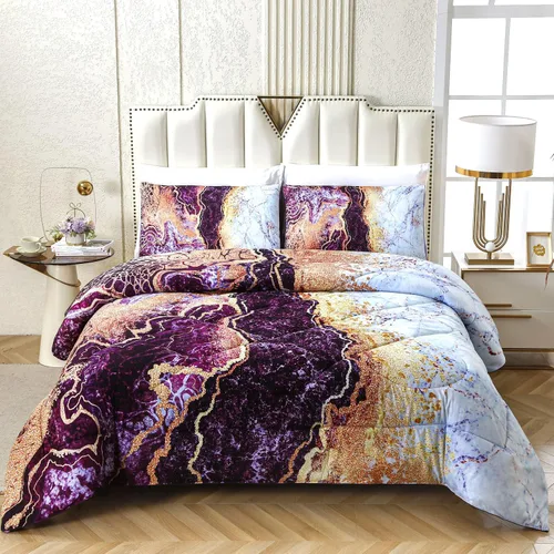 Miniatura 2 de Juego de edredón de mármol morado, tamaño Queen, 3 piezas (1 edredón + 2 fundas de almohada), diseño de acuarela de lava volcánica, edredón