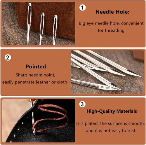 Miniatura 4 de 20 piezas de agujas de coser de cuero, kit de agujas de coser de alta resistencia incluye aguja de cuero curvada, aguja de saco, aguja de coser a