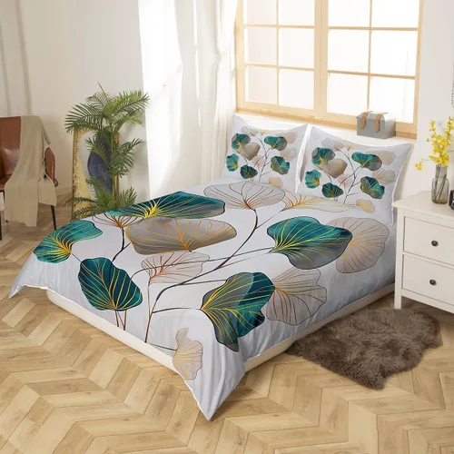 Miniatura 2 de Feelyou Funda de edredón de hojas de ginkgo, juego de ropa de cama con diseño de hojas botánicas para niños y niñas, funda de edredón de microfibra