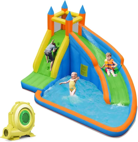COSTWAY Tobogán acuático inflable, parque acuático gigante con soplador de 480 W, pared de escalada, piscina de chapoteo, toboganes acuáticos