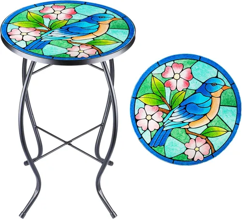 Miniatura 12 de VCUTEKA Mesa Auxiliar para Exteriores Mesa Auxiliar de Mosaico Mesa Auxiliar para Patio Mesa Auxiliar Pequeña con Tapa de Vidrio Mesa de Centro