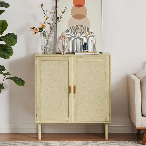 Miniatura 5 de Aparador de buffet Armarios de almacenamiento de cocina con puertas decoradas de ratán de madera natural, armario de licor, pasillo, mesa de consola