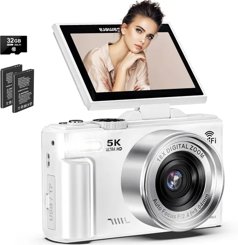 Cámara digital 5K para fotografía, cámara de videoblogs WiFi de 75 megapíxeles para YouTube con pantalla giratoria de 3" 180°, cámara de video UHD