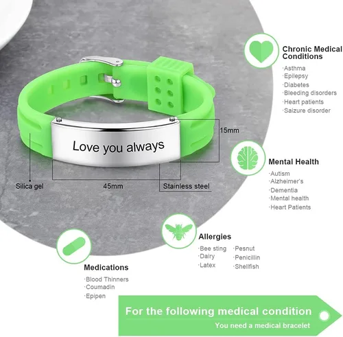 Miniatura 75 de OPALSTOCK Pulseras médicas personalizadas de silicona ajustable para identificación de emergencias, grabado gratuito, 9 pulgadas, resistente al