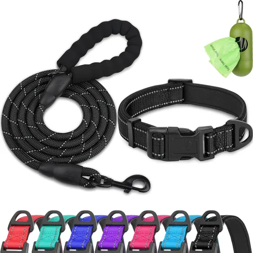 Miniatura 10 de Dynmeow Juego de collar y correa reflectante para perro, correa de cuerda de escalada fuerte de 6 pies con mango acolchado, collar ajustable