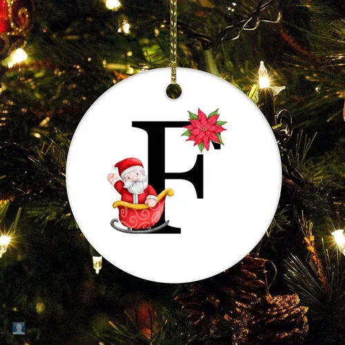 Letras inglesas F Santa Claus con inicial, adorno de Navidad con diseño de bola de Navidad 2022, adorno de cerámica de 3 pulgadas, adornos colgantes