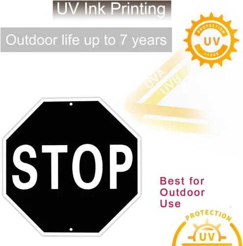 Miniatura 4 de Decoración clásica de letrero de carretera negro STOP – 12 x 12 pulgadas de aluminio con impresión UV ultra duradera para interiores y exteriores