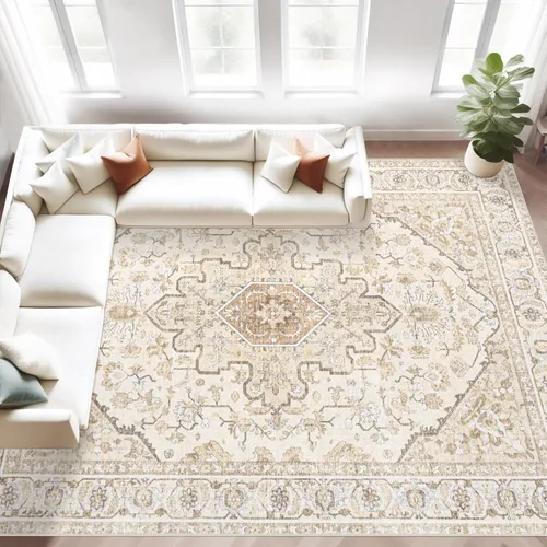 Miniatura 14 de Alfombra de área 9x12 pulgadas: grandes alfombras vintage lavables para sala de estar, alfombra retro con medallón, envejecida, suave, de pelo bajo