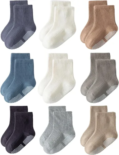Miniatura 8 de Calcetines antideslizantes para niños pequeños con sujeción, calcetines de algodón sin costuras y lindos para bebés, niños y niñas, 9 pares