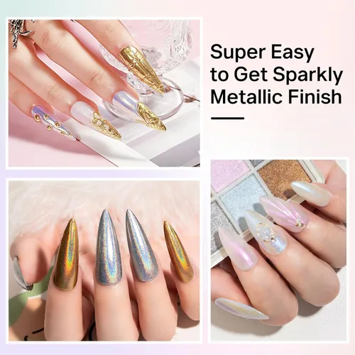 Miniatura 6 de MIZHSE Polvo de uñas cromado, 6 colores, polvo holográfico de uñas iridiscente con purpurina de sirena iridiscente para uñas, pigmento de uñas