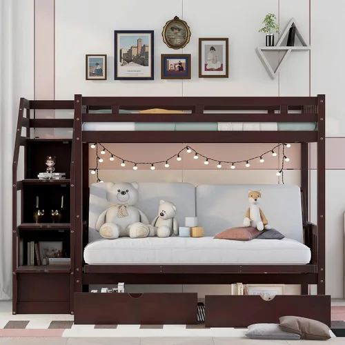 Miniatura 12 de Harper & Bright Designs Literas de tamaño individual sobre matrimonial, litera con escaleras y nido, literas de madera con estante de almacenamiento