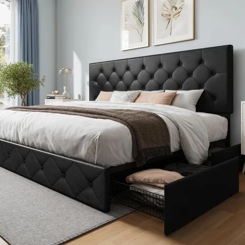 Miniatura 11 de WEEWAY Base de cama de plataforma tamaño Queen con 4 cajones de almacenamiento, cabecera capitonada con botones de puntada cuadrada, base de colchón