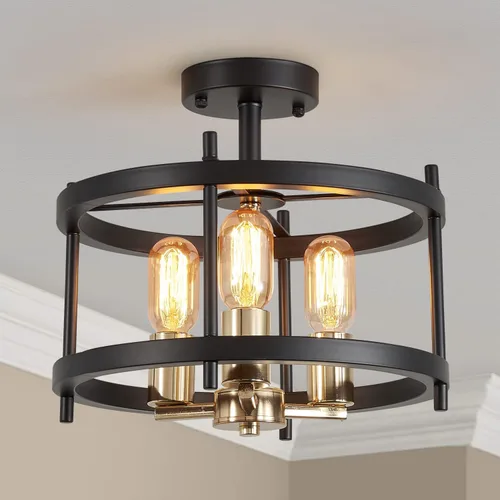 AGV LIGHTING Lámpara de techo semiempotrada, 3 luces, montaje en techo, acabado negro y dorado Negro y dorado 001