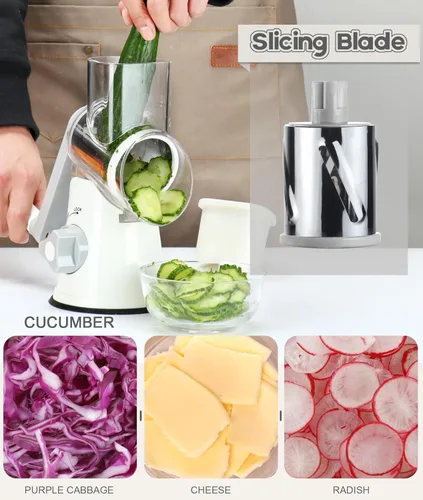 Miniatura 6 de Ourokhome Rebanadora de verduras de mandolina, trituradora multifuncional de verduras 6 en 1 con contenedor, rallador de queso giratorio