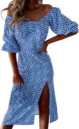 BINGLI Womens Boho Flowy Cottagecore Puff Sleeve Off The Shoulder Slit Dress Summer Casual Ruffle Midi Long